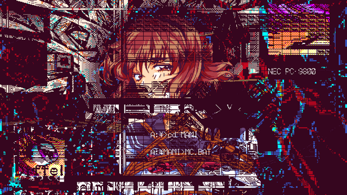 Glitch art anime girl with NEC PC-9800
