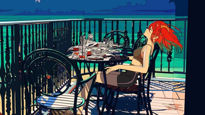 Redhead girl on a balcony overlooking the sea