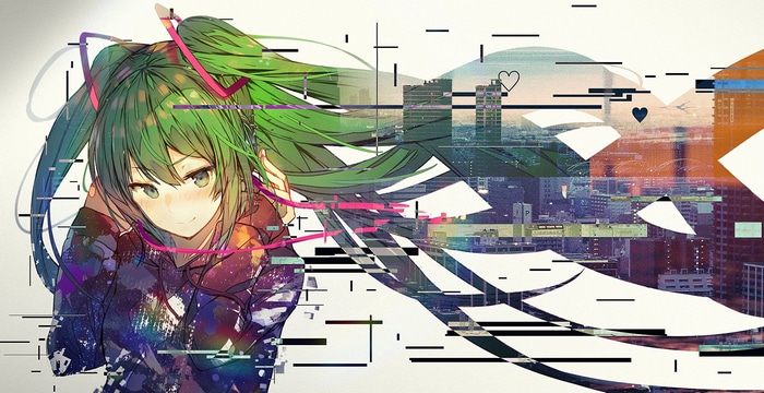 Hatsune Miku with Glitch Art Cityscape