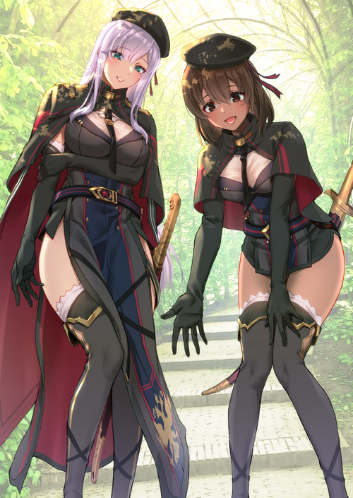 Two anime girls in military uniforms with swords