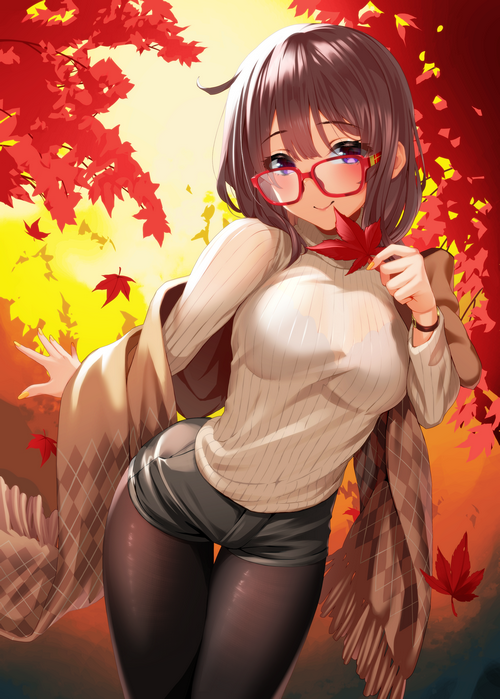 Anime girl with glasses holding a maple leaf