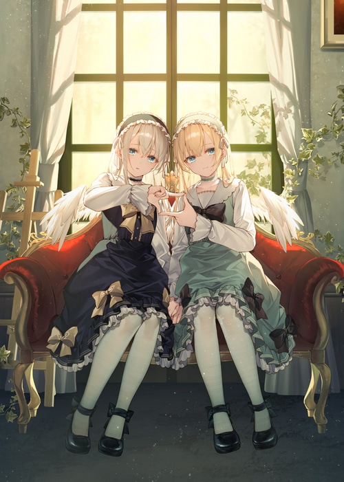 Anime twins with wings sitting on a couch