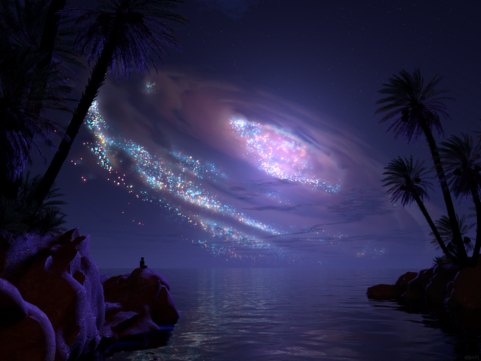 4K Galaxy over the Sea with Palm Trees