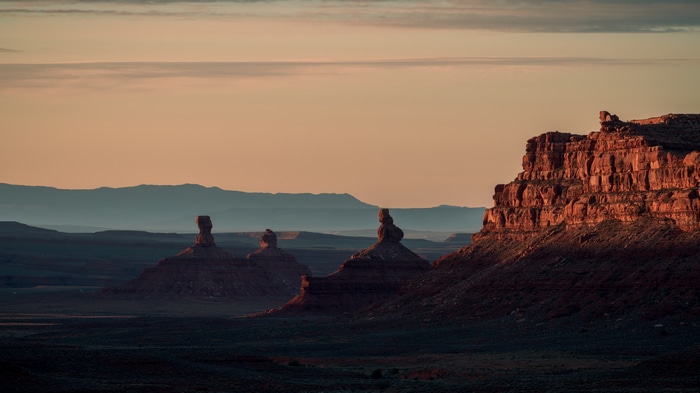 Sunset over rock formations in Valley of the Gods, USA