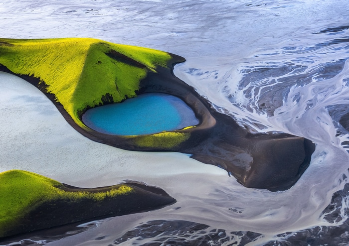 Aerial view of a glacial river delta in Iceland