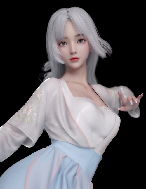 Asian woman with silver hair in traditional clothing
