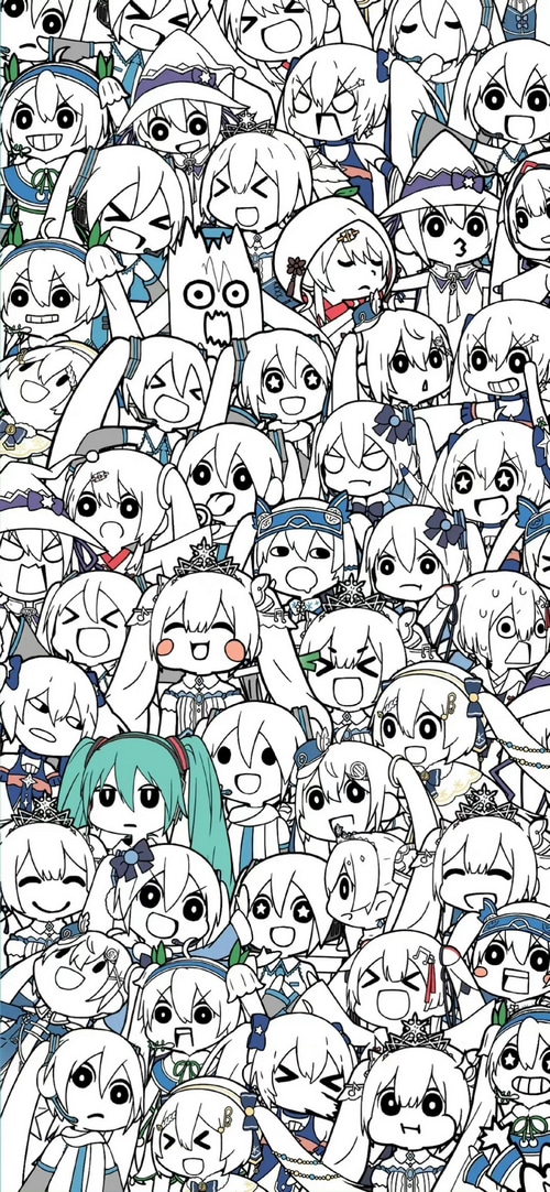 Vocaloid characters in a chaotic group portrait