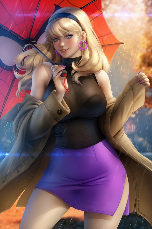 Gwen Stacy with an umbrella in the rain