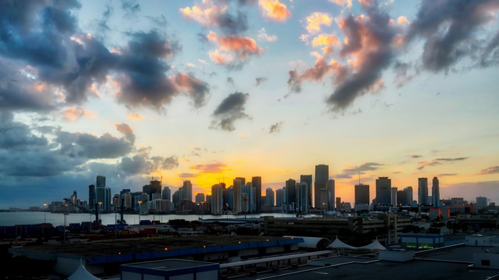 Miami Cityscape with Colorful Clouds at Sunset