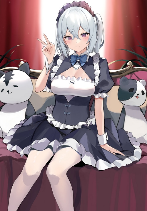 Anime girl in maid outfit making peace sign