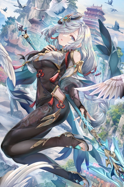 Shenhe from Genshin Impact with cranes and mountains