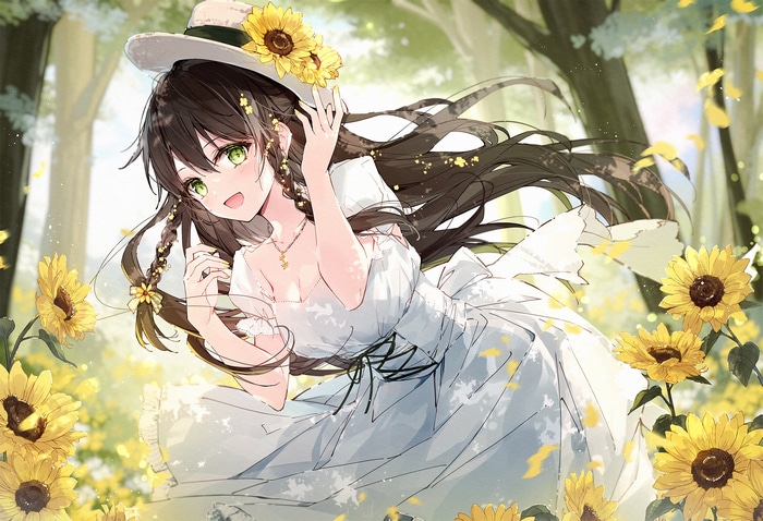 Girl in a white dress with sunflowers in a field