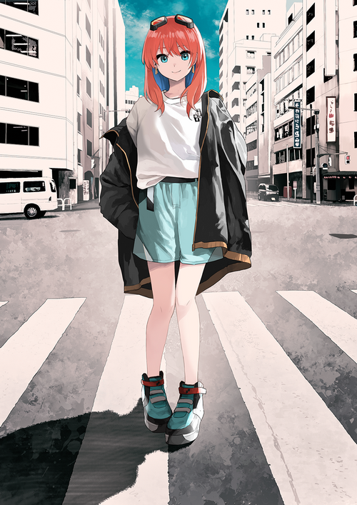 Redhead girl with goggles on a city street