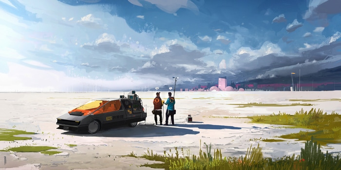 Ismail Inceoglu's digital art of a futuristic car in a desert