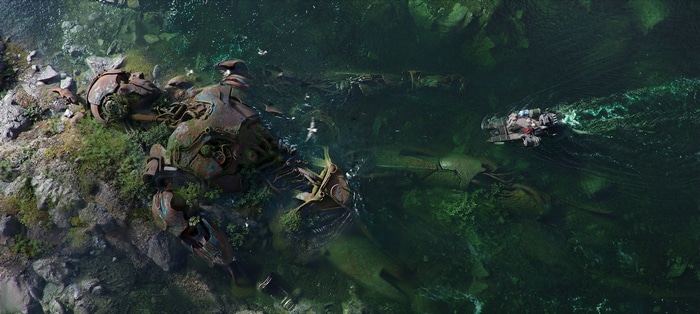 4K science fiction river with decaying robot