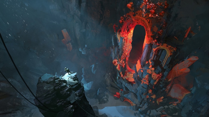 Fantasy art of a rocky cave with a glowing portal
