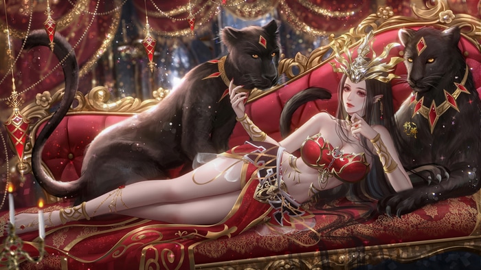 Woman with Black Panthers on a Red Couch