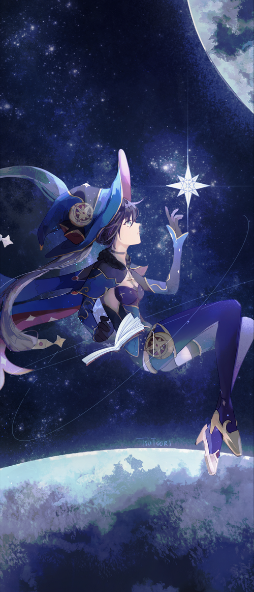 Mona from Genshin Impact in a starry sky