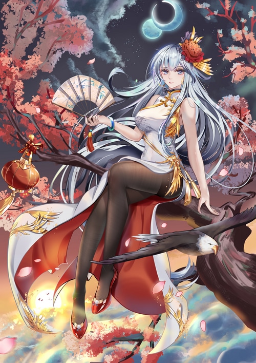 Azur Lane Enterprise sitting on a tree branch with a fan