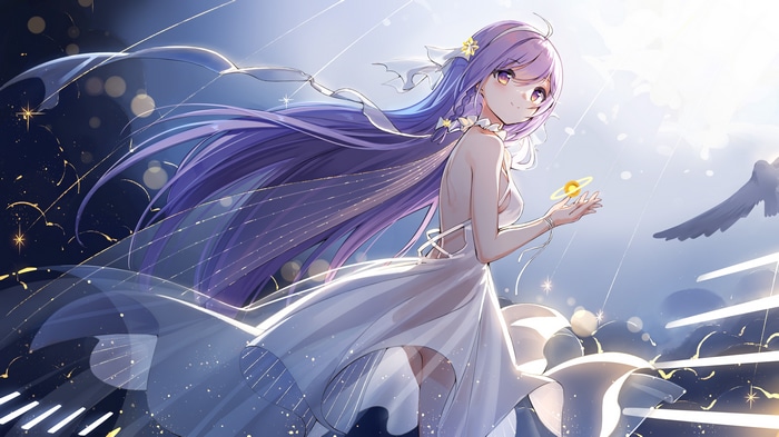 4K anime girl with purple hair and a white dress