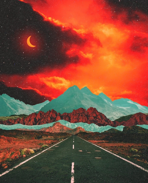 Surreal landscape with a road, mountains, and a crescent moon