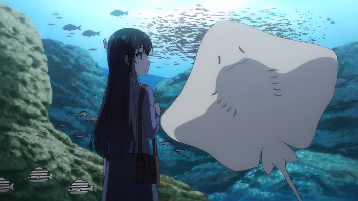 Sakurajima Mai and a stingray in an aquarium