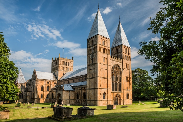 4K Cathedral in England with Trees and Sky