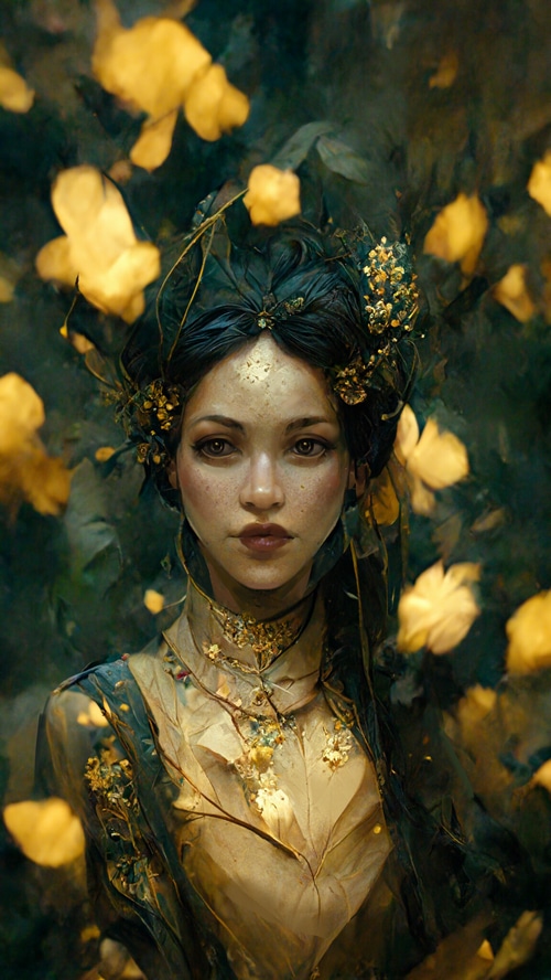 Fantasy girl with yellow petals and gold jewelry