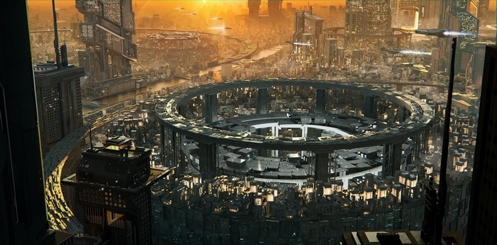 4K Futuristic Dystopian Cityscape at Sunset