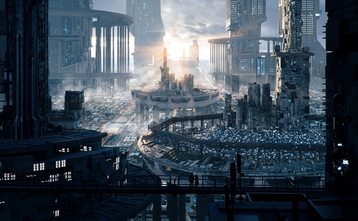 4K Futuristic Dystopian Cityscape at Sunrise