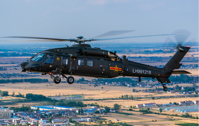 Chinese Z-20 military helicopter in flight