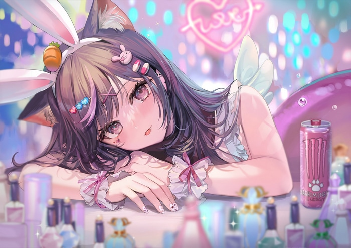 Cat Girl with Bunny Ears and Monster Energy