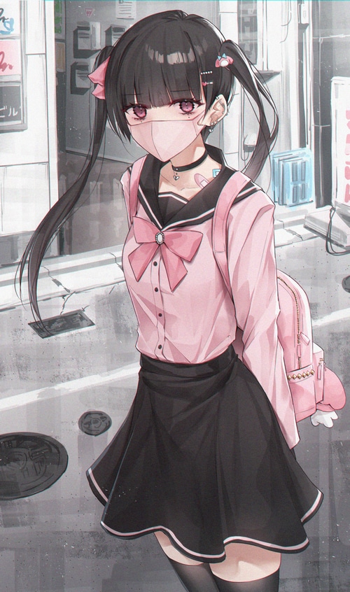 Girl in sailor uniform with pink backpack and face mask
