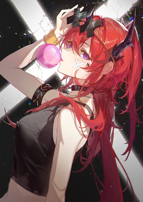 Surtr from Arknights chewing bubble gum