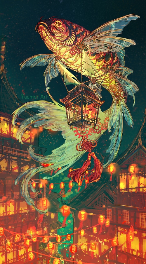 Steampunk Koi Fish Lanterns in a Chinese Village