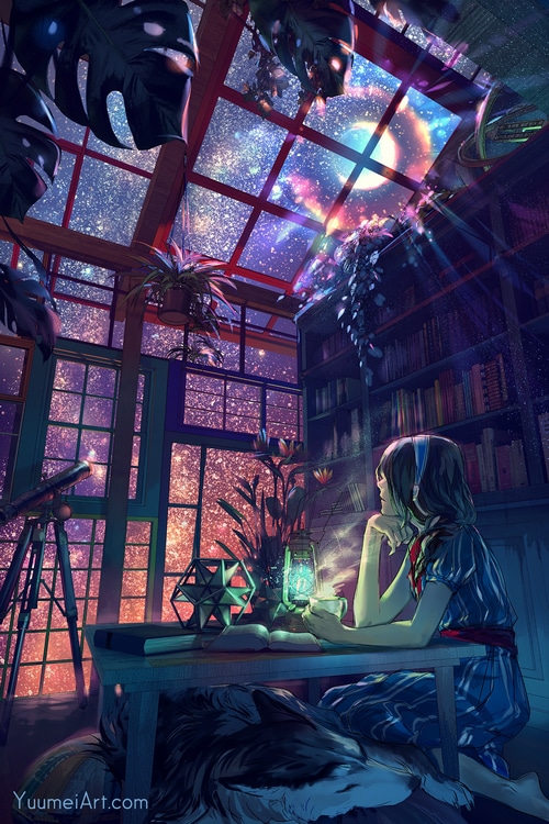 Girl reading by telescope under starry sky