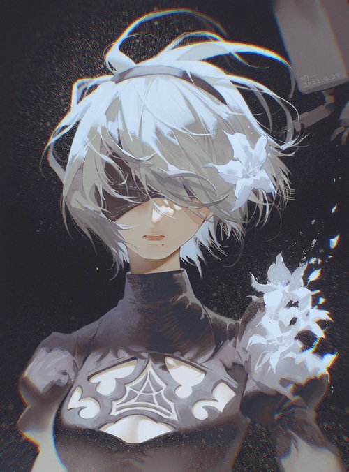 2B from Nier: Automata with white hair and blindfold