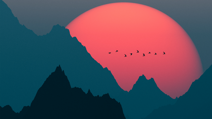 4K Mountains Landscape with Sun and Birds