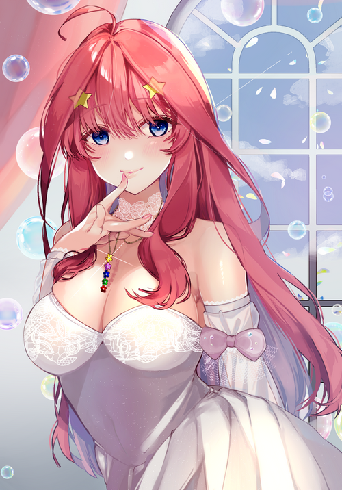 Nakano Itsuki in a White Dress with Bubbles