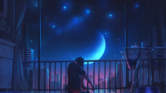 Girl on balcony looking at the night sky and city
