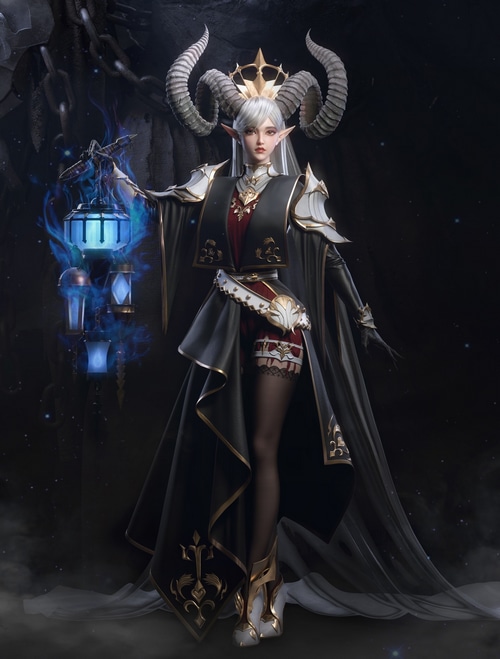 Fantasy art of a woman with horns holding a lantern