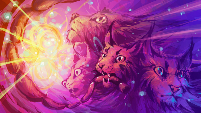 Three cats with glowing energy