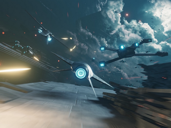 Futuristic space battle with starfighters and explosions