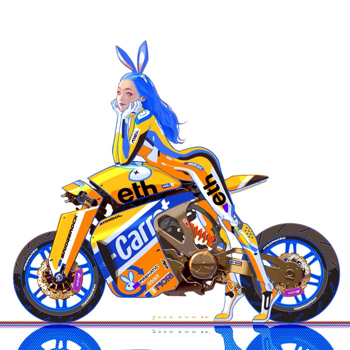 Woman with bunny ears on a yellow and blue motorcycle