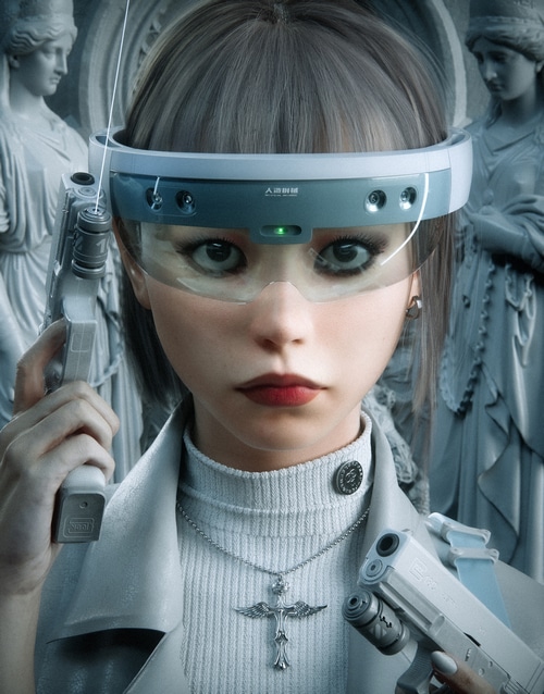 Woman with futuristic goggles and guns