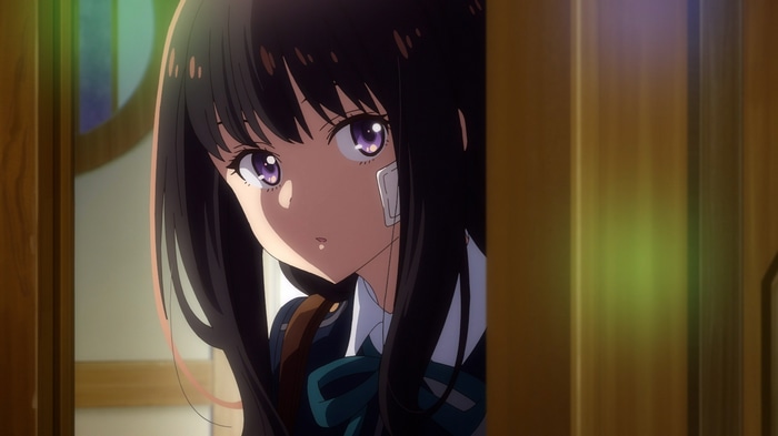 Inoue Takina from Lycoris Recoil peeking from a door