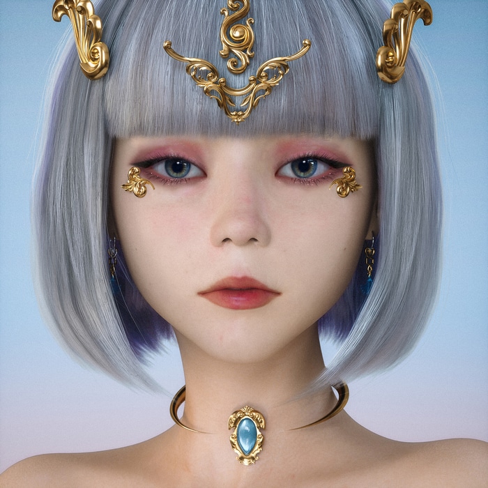 Portrait of an Asian woman with elaborate makeup and jewelry