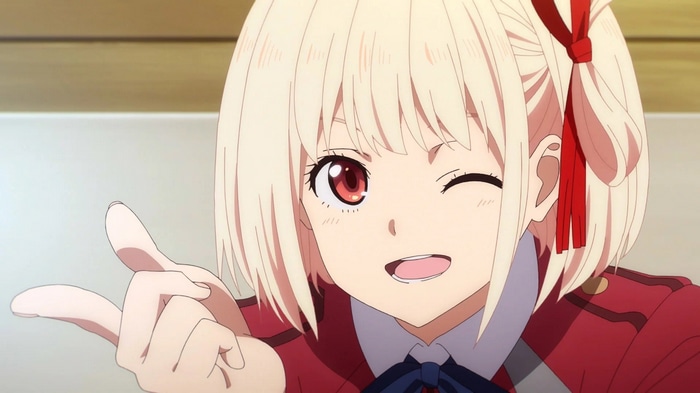 Nishikigi Chisato winks in Lycoris Recoil anime