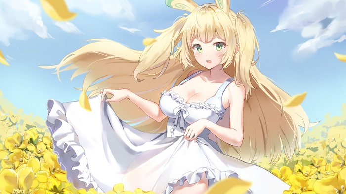 Blonde girl with bunny ears lifting her dress in flowers