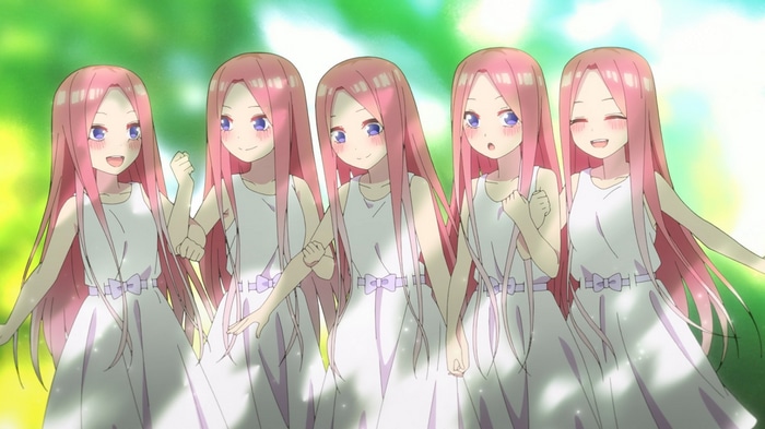 The Quintessential Quintuplets: Five identical sisters in white dresses